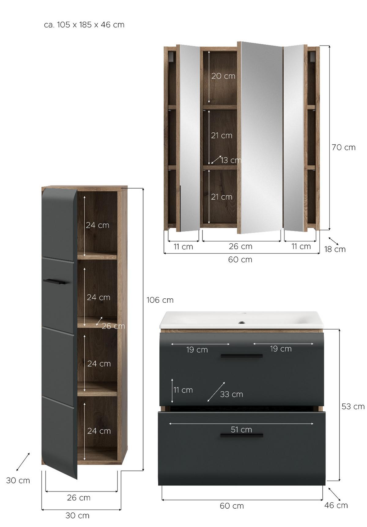BADMÖBEL-SET schwarz matt, Eiche Nox, Badezimmer komplett mit Waschbecken 105 cm - Eichefarben/Schwarz, Glas/Holzwerkstoff (105/185/46cm) - Inn.Furn
