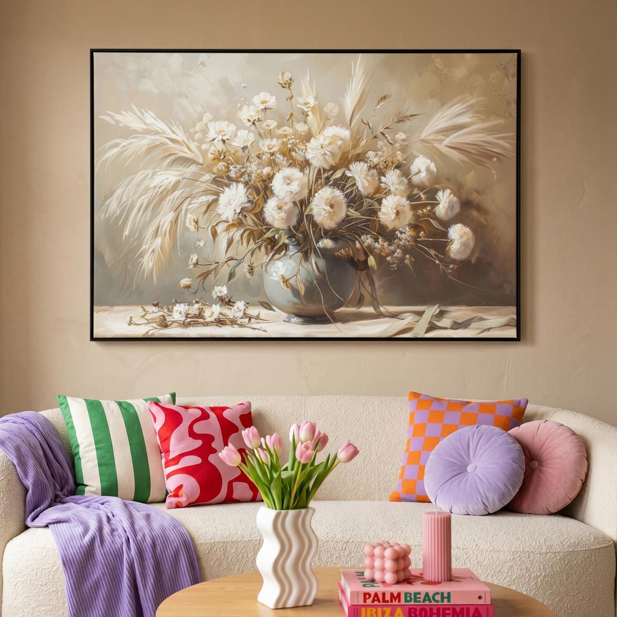 LEINWAND Bilder mit Rahmen - Blumen - Vase - Stilleben - Beige - 120x80 - Creme, Textil (120/80cm) - MuchoWow