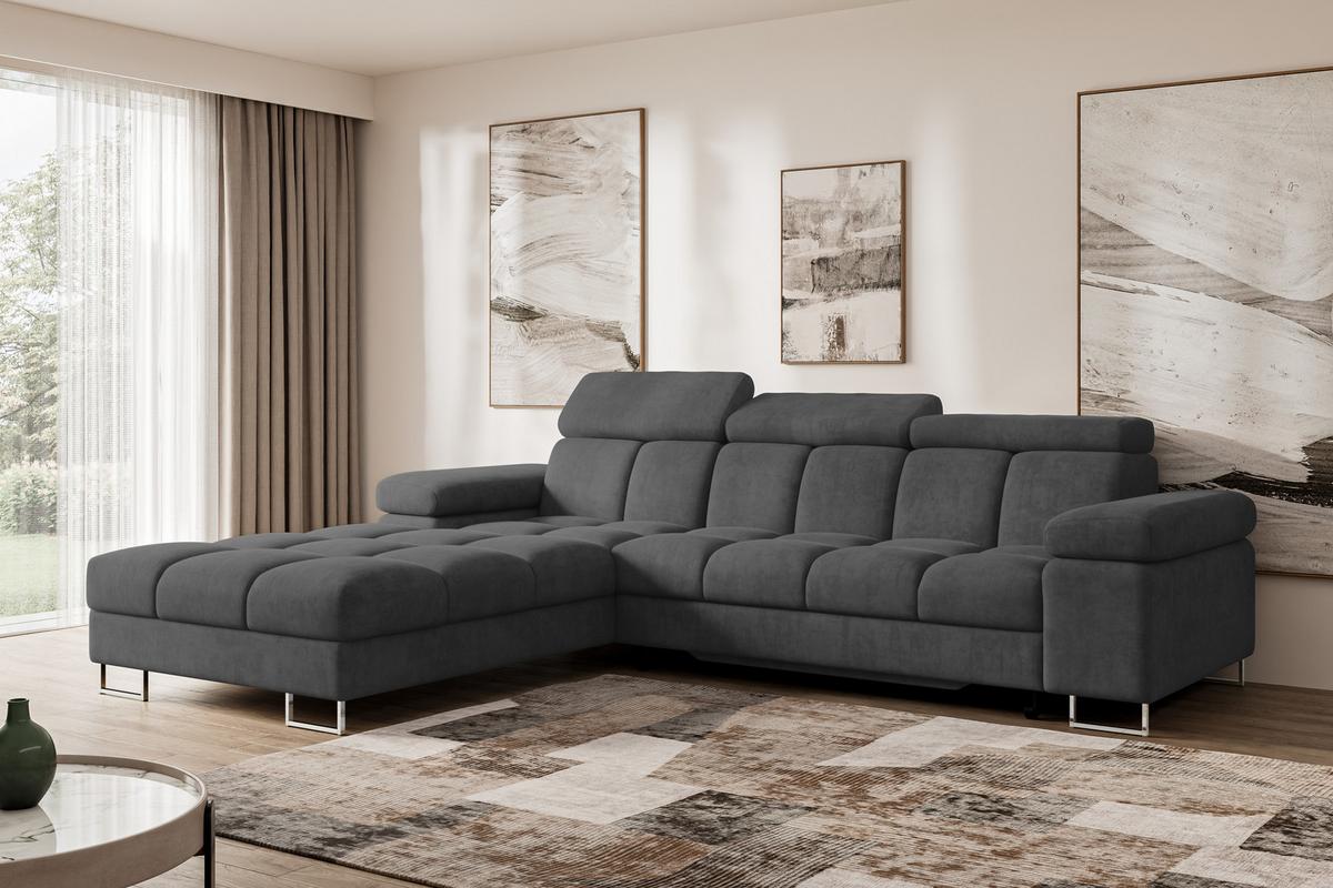 ECKSOFA mit Schlaffunktion Ottomane Links 271x203x79 Dunkelgrau Velours - Dunkelgrau, Holzwerkstoff/Textil (271/203cm) - ALTDECOR