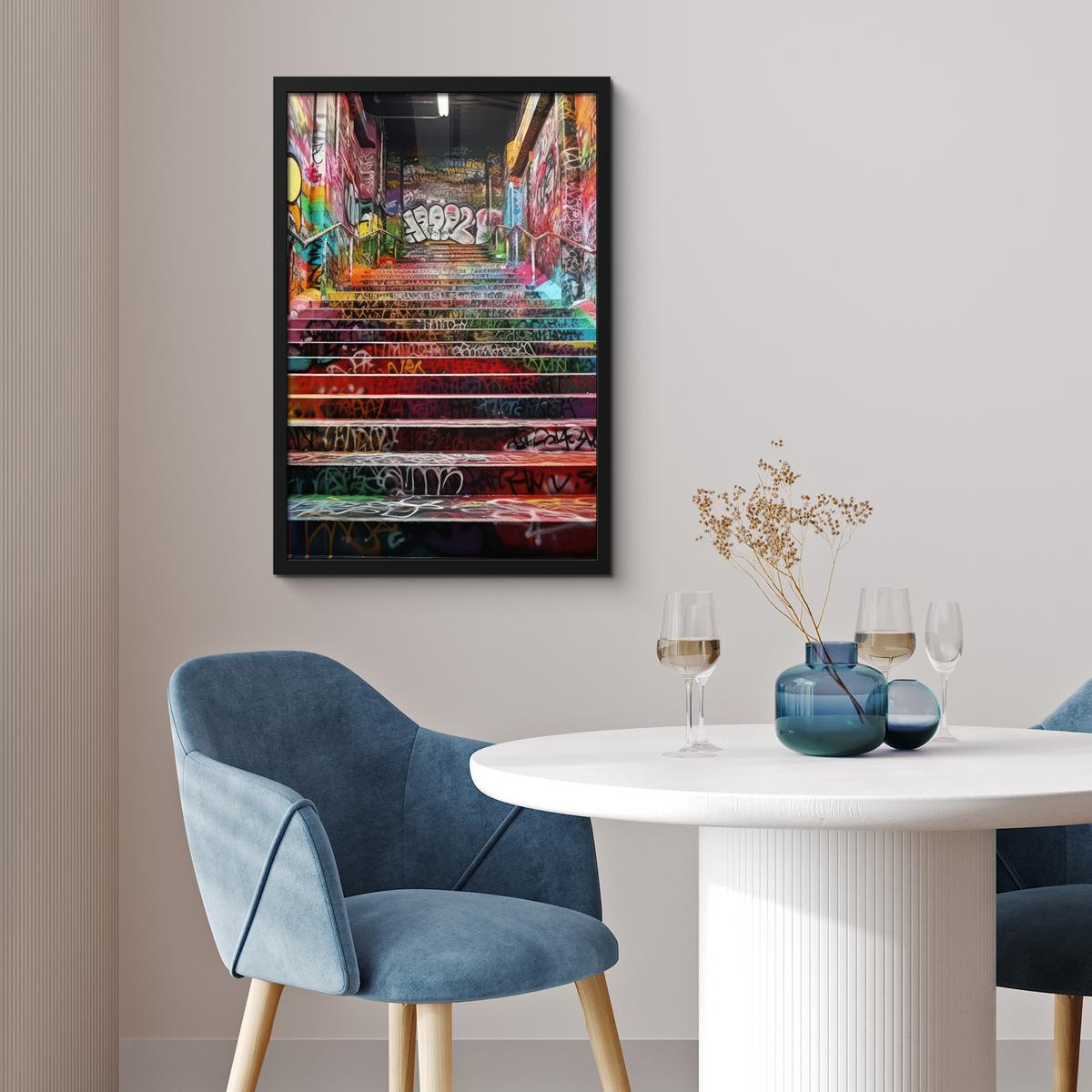 POSTER MIT RAHMEN Treppe - Graffiti - Farben - Kunst Bilder mit Rahmen 40x60 cm - Multicolor, Papier (40/60cm) - MuchoWow