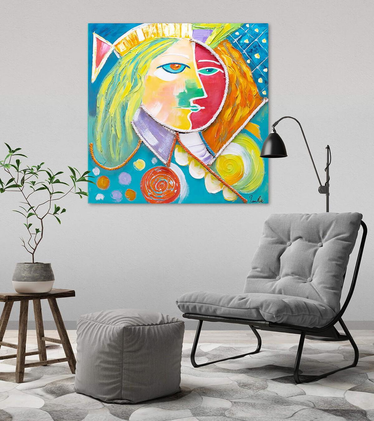 ACRYLBILD HANDGEMALT 80/80 cm - Blau/Gelb, Holz/Textil (80/80cm) - KUNSTLOFT