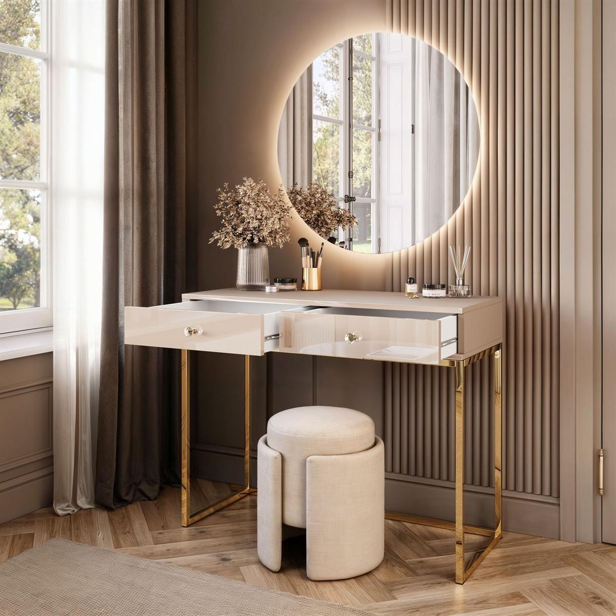 SCHMINKTISCH Blanco Glamour auf goldchrom Gestell mit LED-Spiegel Kristallgriff - Kaschmir, Holzwerkstoff (100/81/42cm) - Lookway