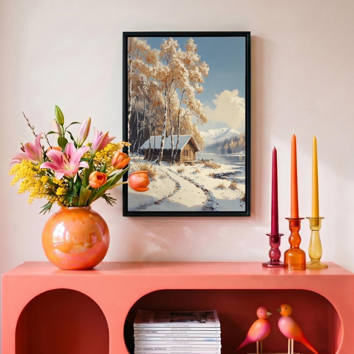 LEINWAND Bilder mit Rahmen - Winter - Schnee - Zuhause - Natur - 20x30 - Hellbraun, Textil (20/30cm) - MuchoWow