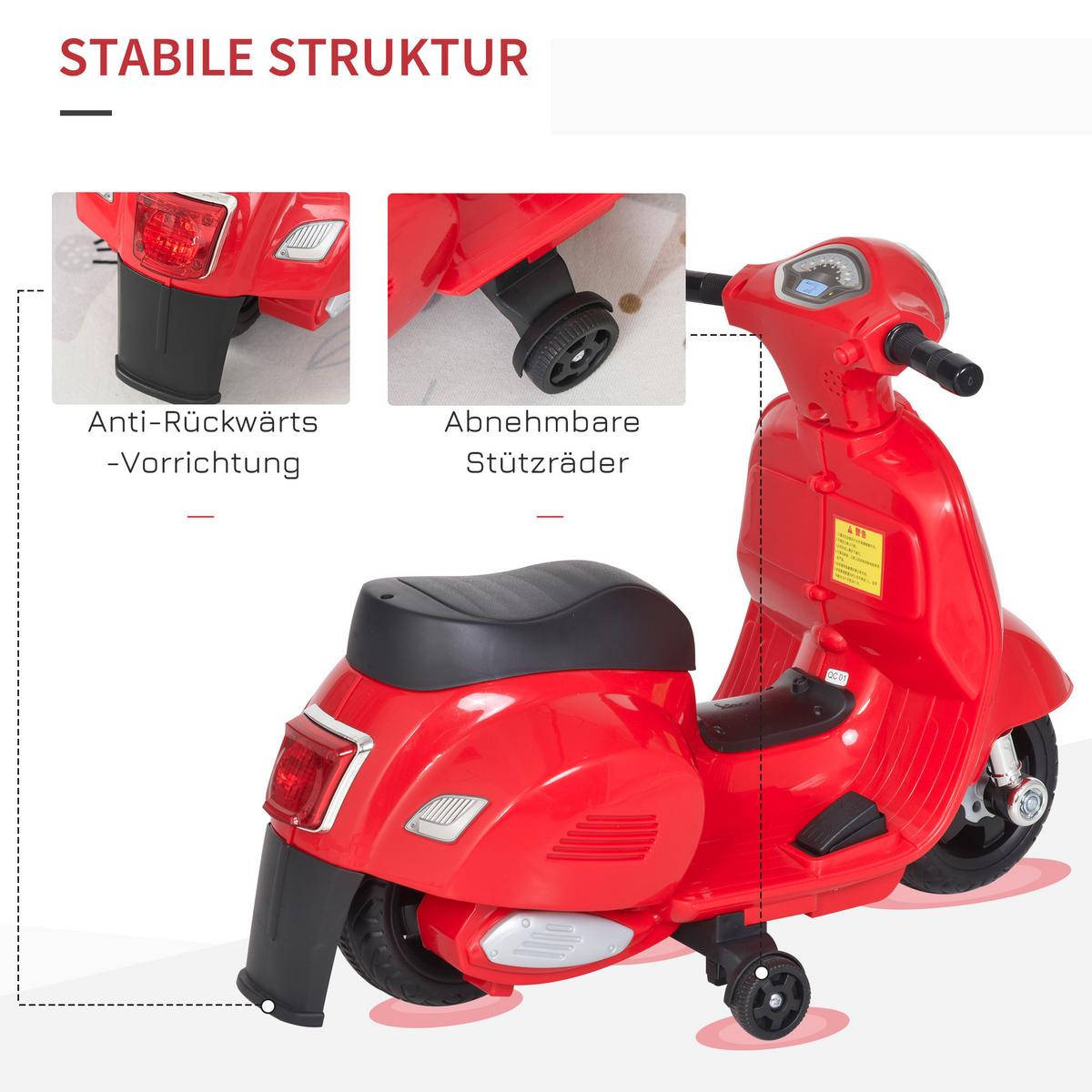 VESPA Elektromotorrad Kindermotorrad Elektrofahrzeuge 1,5 bis 3 Jahren Rot - Rot, Metall (66.5/38/52cm) - HOMCOM