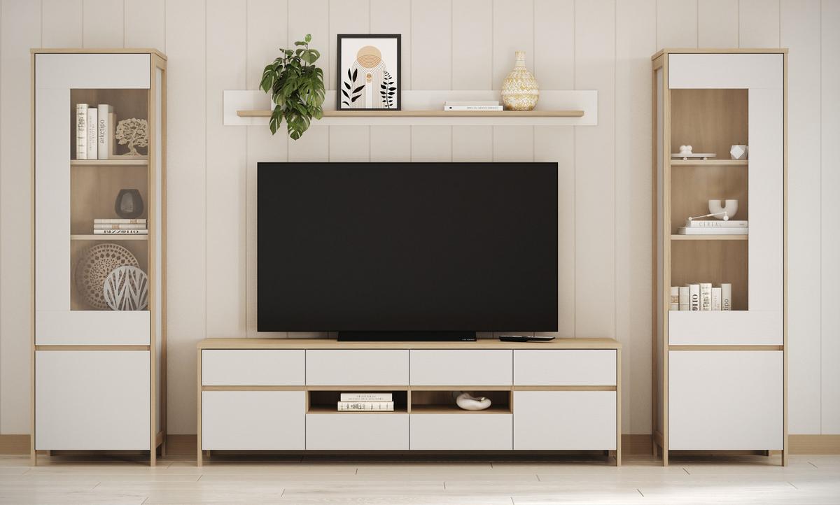 WOHNWAND weiß, Eiche 4-teilig 339 cm, Wohnkombination skandinavisch mit Soft-Close, Finnes - Eichefarben/Weiß, Glas/Holzwerkstoff (339/195/39cm) - Furn.Design