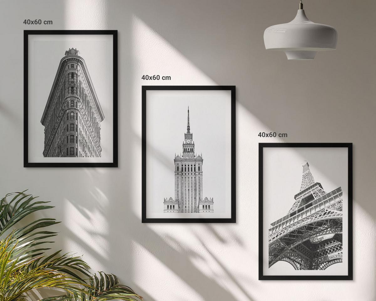 BILDER SET 3er Set - 40x60 cm Schwarzer Rahmen - Architektonische Schwarz-Weiß-Gebäude - Schwarz, Kunststoff (40/60cm) - TULUP