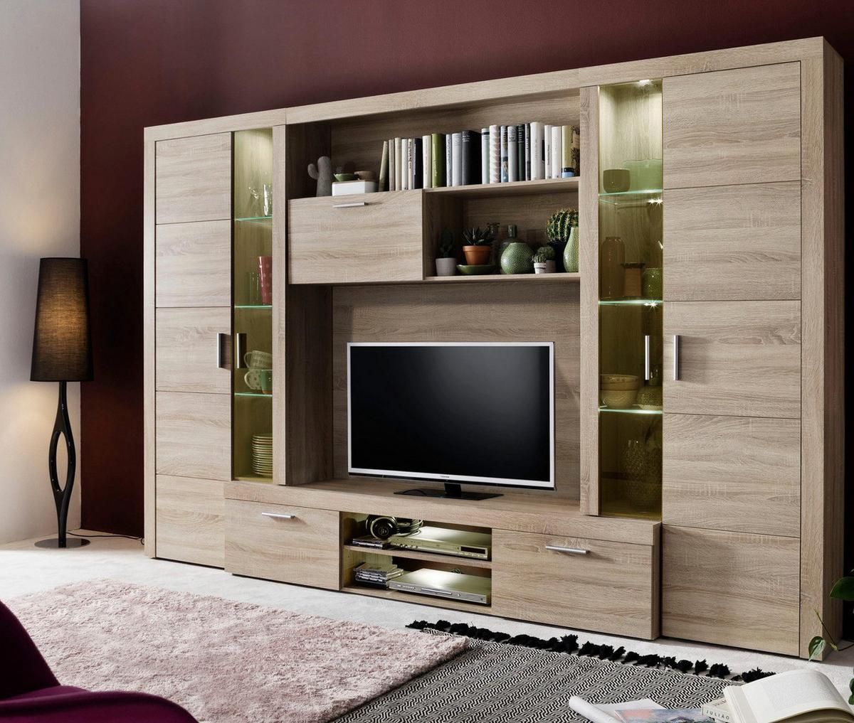 WOHNWAND Sonoma Eiche hell 291 cm, Schrankwand inklusive Beleuchtung - Eichefarben/Silberfarben, Glas/Holzwerkstoff (291/197/41cm) - Top.Furn