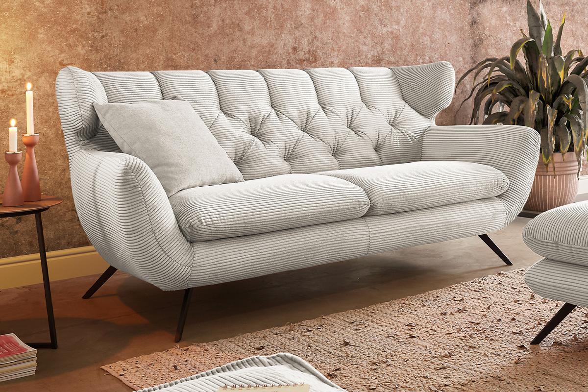 SOFA CHARME Cremeweiß Cord - Creme/Schwarz, Textil/Metall (200/94/95cm) - KAWOLA