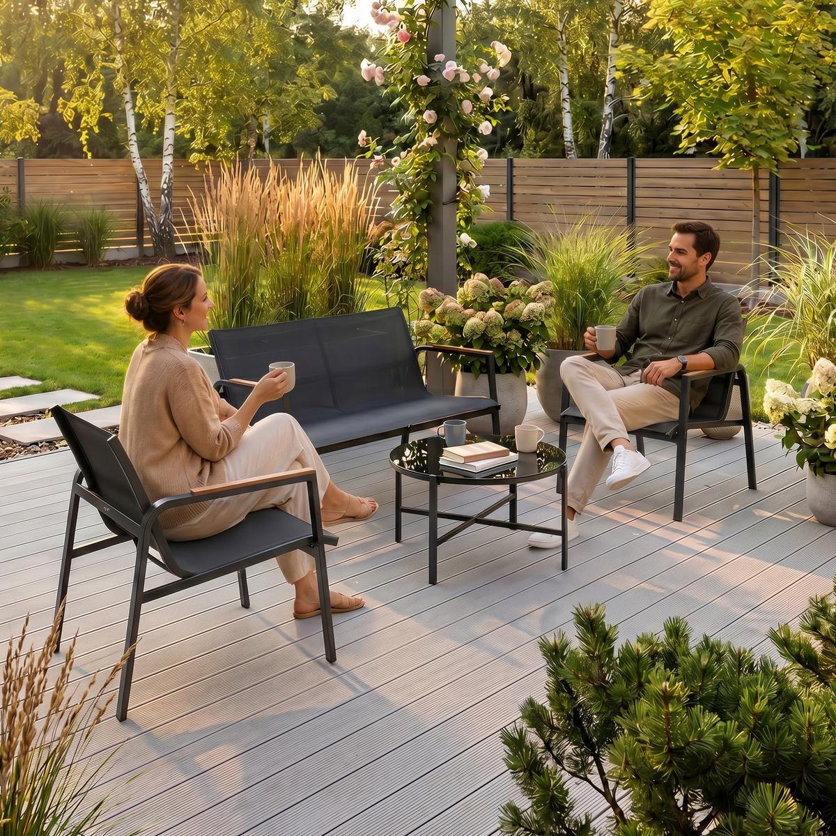 GARTENSET Thaiti, 2-Sitzer-Sofa + 2 Sessel + Couchtisch, Polywood-Armlehnen, Schwarz - Schwarz, Metall - Beautysofa