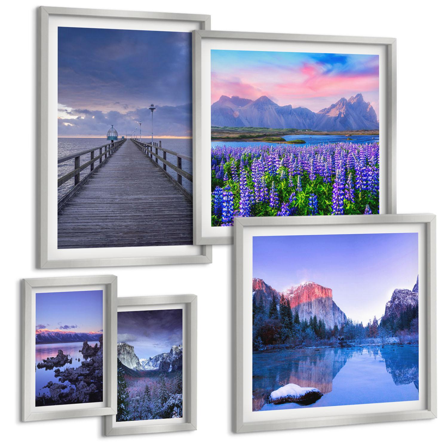 BILDER SET 5er Set - 50x50 cm & 20x30 cm & 40x60 cm Silberner Rahmen - Berglandschaften, Wasser, Blumenfeld - Silberfarben, Kunststoff (40/60cm) - TULUP