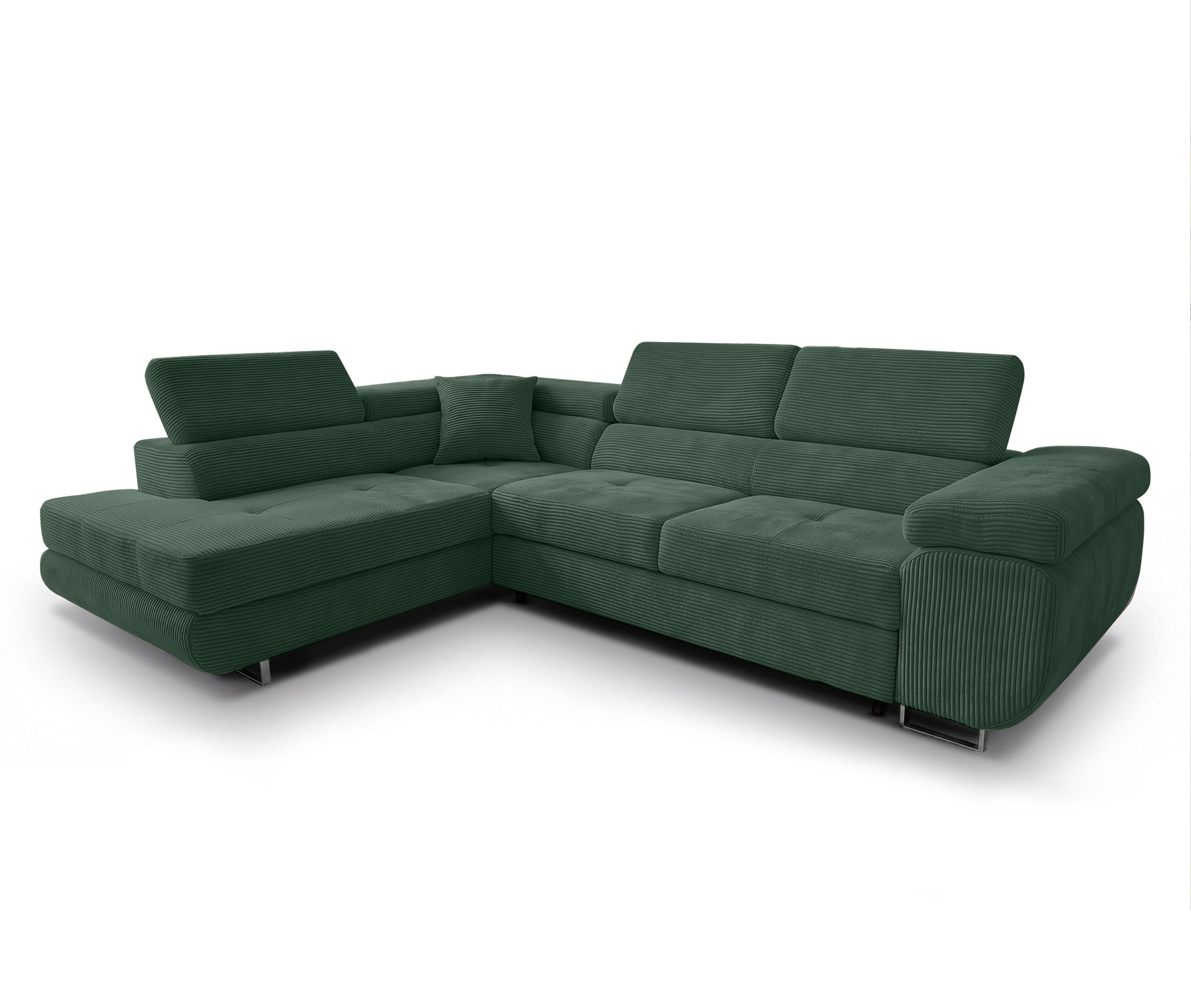 ECKSOFA L Form Konak Flaschengrün 276/201/90 cm Links mit Schlaffunktion - Dunkelgrün/Silberfarben, Textil/Metall (203/276cm) - AX Living