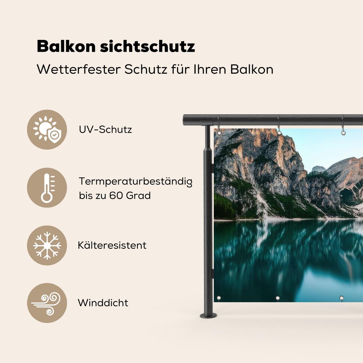BALKON-SICHTSCHUTZ See - Berge - Sonnenuntergang - Boot Windschutz 300x100 cm - Petrol, Kunststoff (300/100cm) - MuchoWow