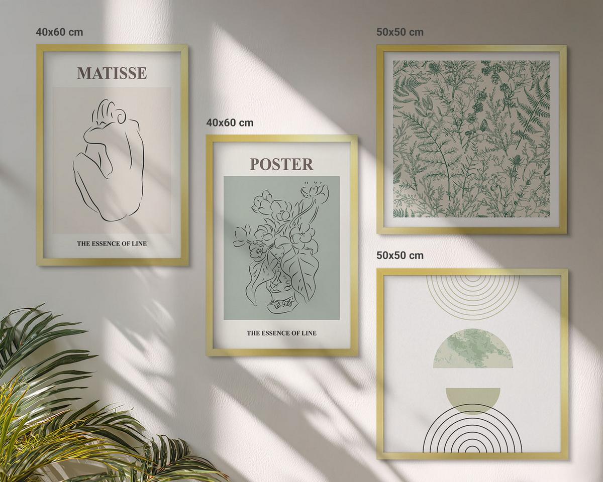 BILDER SET 4er Set - 50x50 cm & 40x60 cm Goldrahmen - Linien, Pflanzenmuster, Minimalismus - Goldfarben, Kunststoff (50/50cm) - TULUP