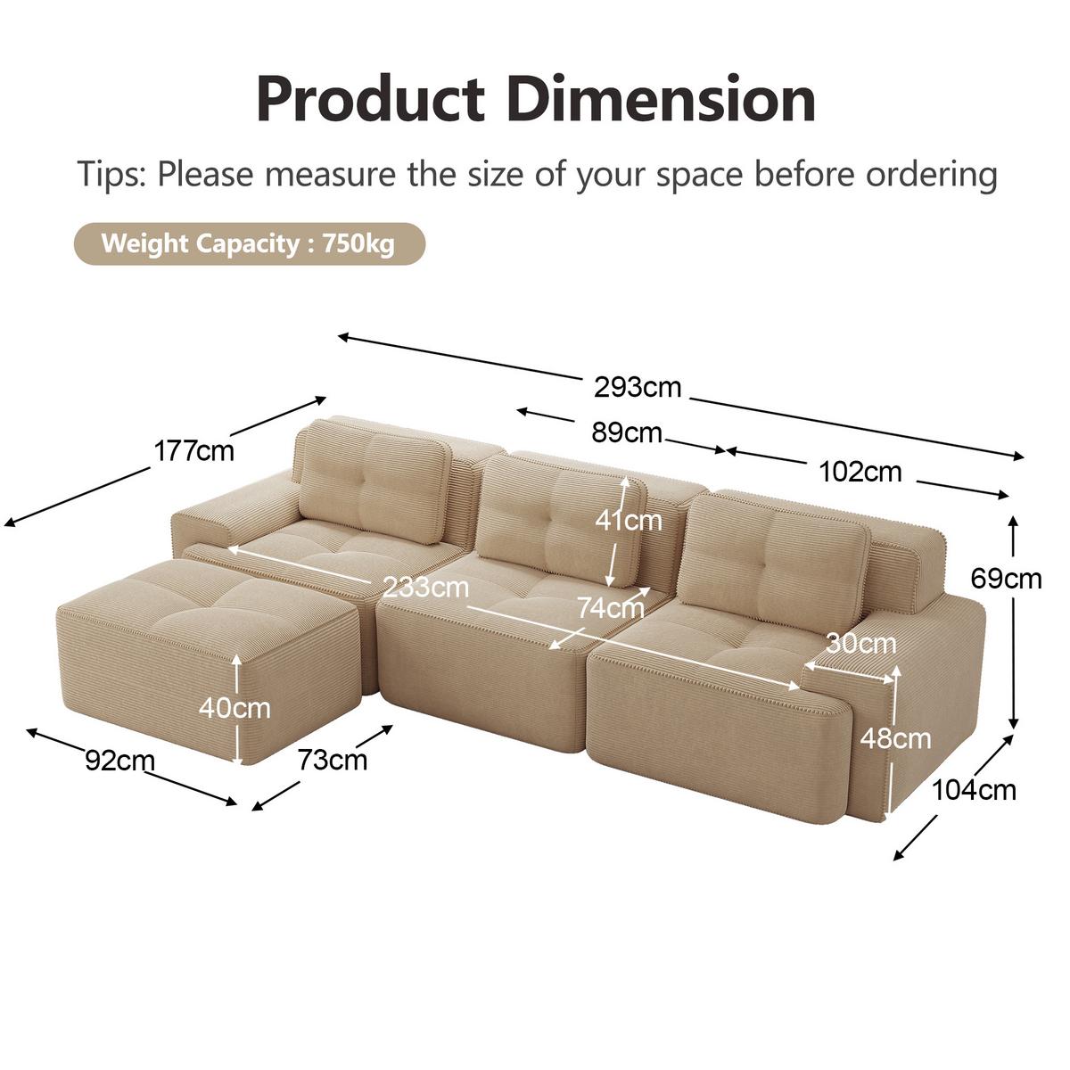 ECKSOFA Modulares Boneless L-Form Cloud-Sofa mit Ottoman Cord - Beige, Textil (293/177cm) - Urban Meuble
