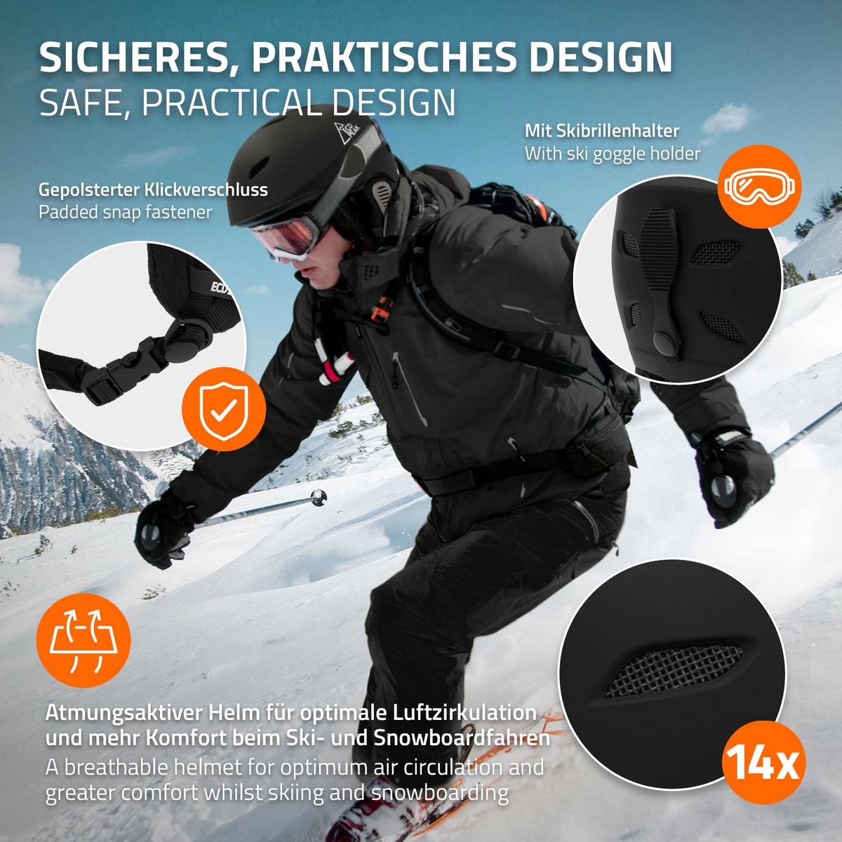SKIHELM für Herren und Damen Snowboardhelm robust Schwarz L 58-61 cm - Schwarz, Kunststoff (30/24cm) - ECD-Germany
