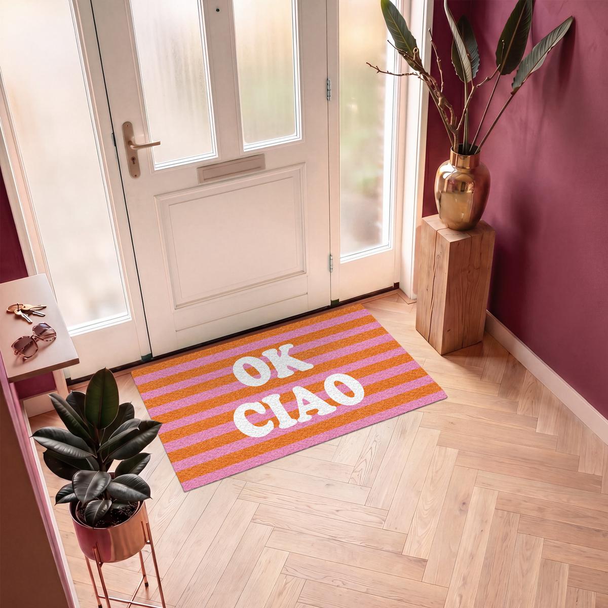 FUSSMATTE Ciao - Zitat - Streifen Sauberlaufmatte 120x80 cm - Orange, Kunststoff (120/0.4cm) - MuchoWow