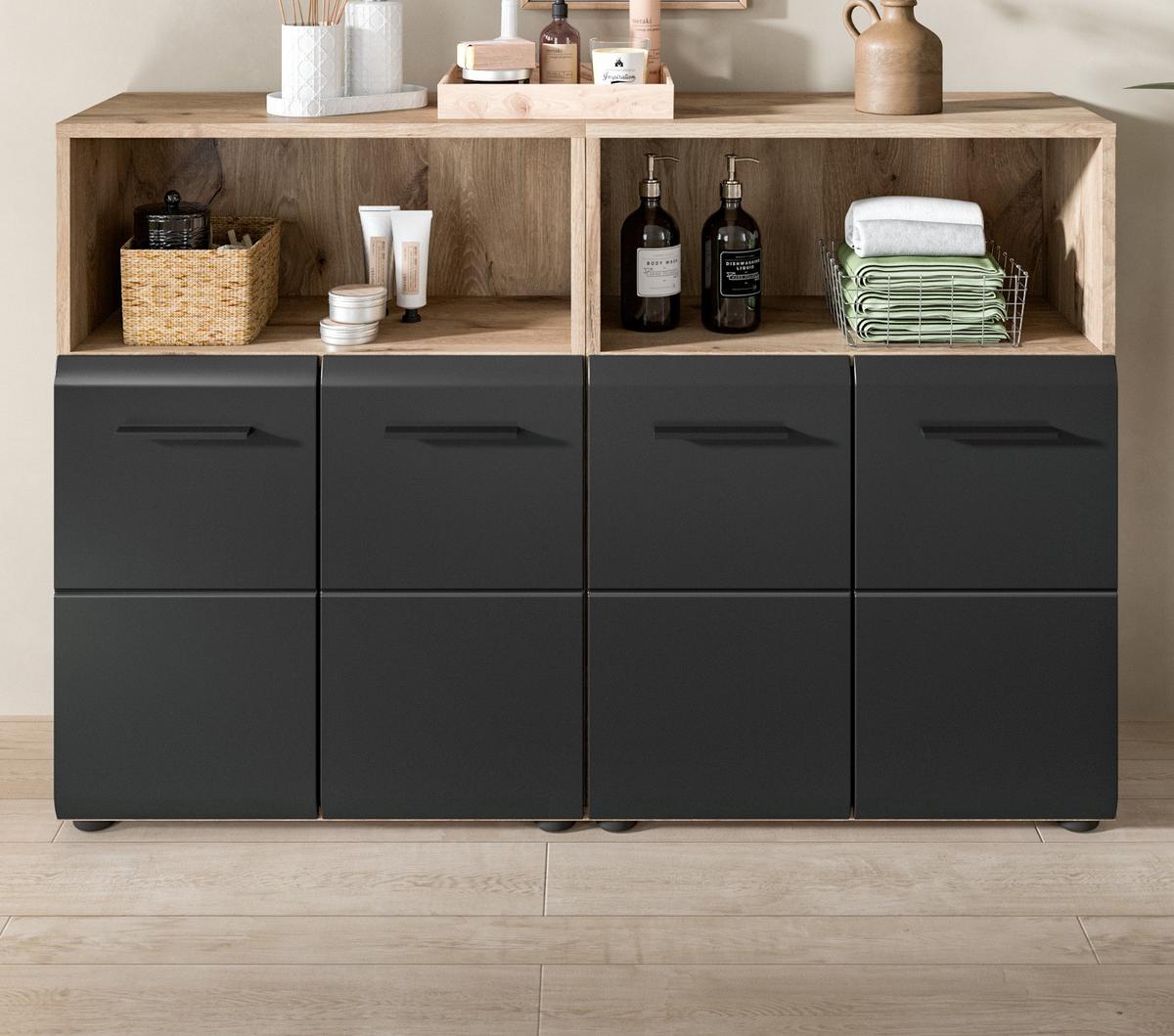 MIDISCHRANK Set Schwarz matt und Eiche, 2x Bad Kommode, gesamt 120 x 80 cm - Eichefarben/Schwarz, Holzwerkstoff/Kunststoff (120/80/30cm) - Inn.Furn