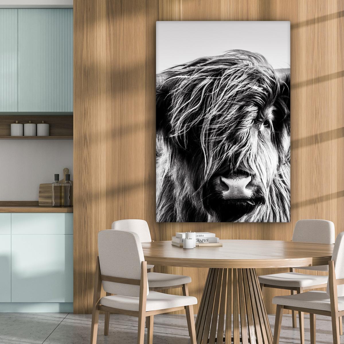 LEINWANDBILD Kuh - Schottischer Hochländer - Schwarz - Weiß - Tier - Natur - Wildtiere Deko XXL 80x120 cm - Schwarz, Textil (80/120cm) - MuchoWow