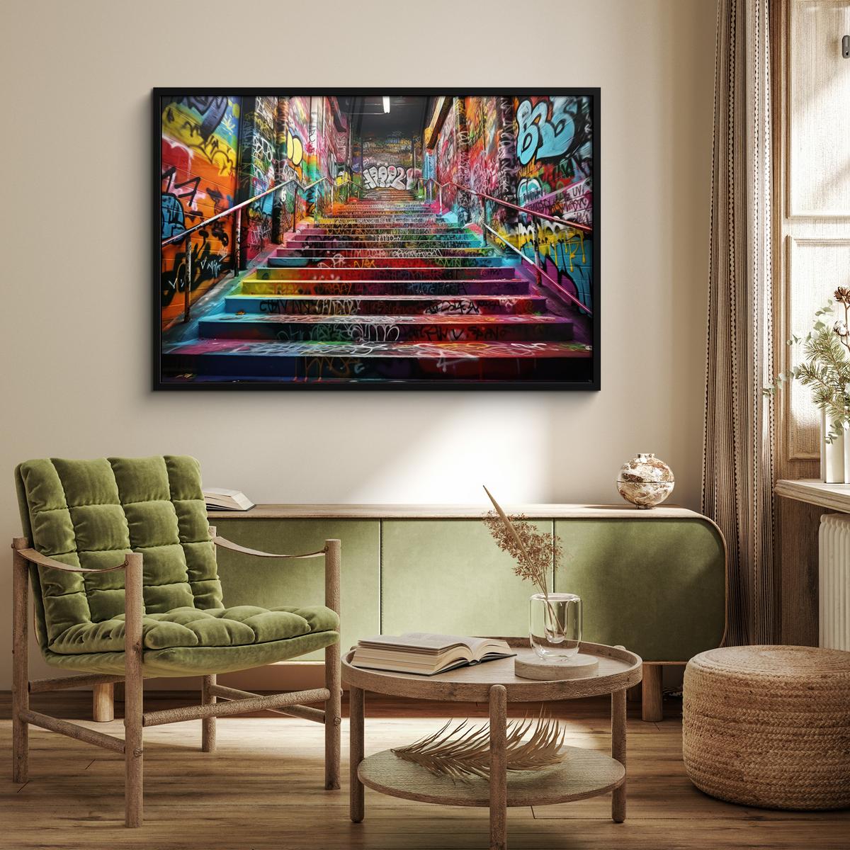 POSTER MIT RAHMENGERAHMTES BILD Treppe - Graffiti - Farben - Kunst 120x80 cm - Multicolor, Papier (120/80cm) - MuchoWow