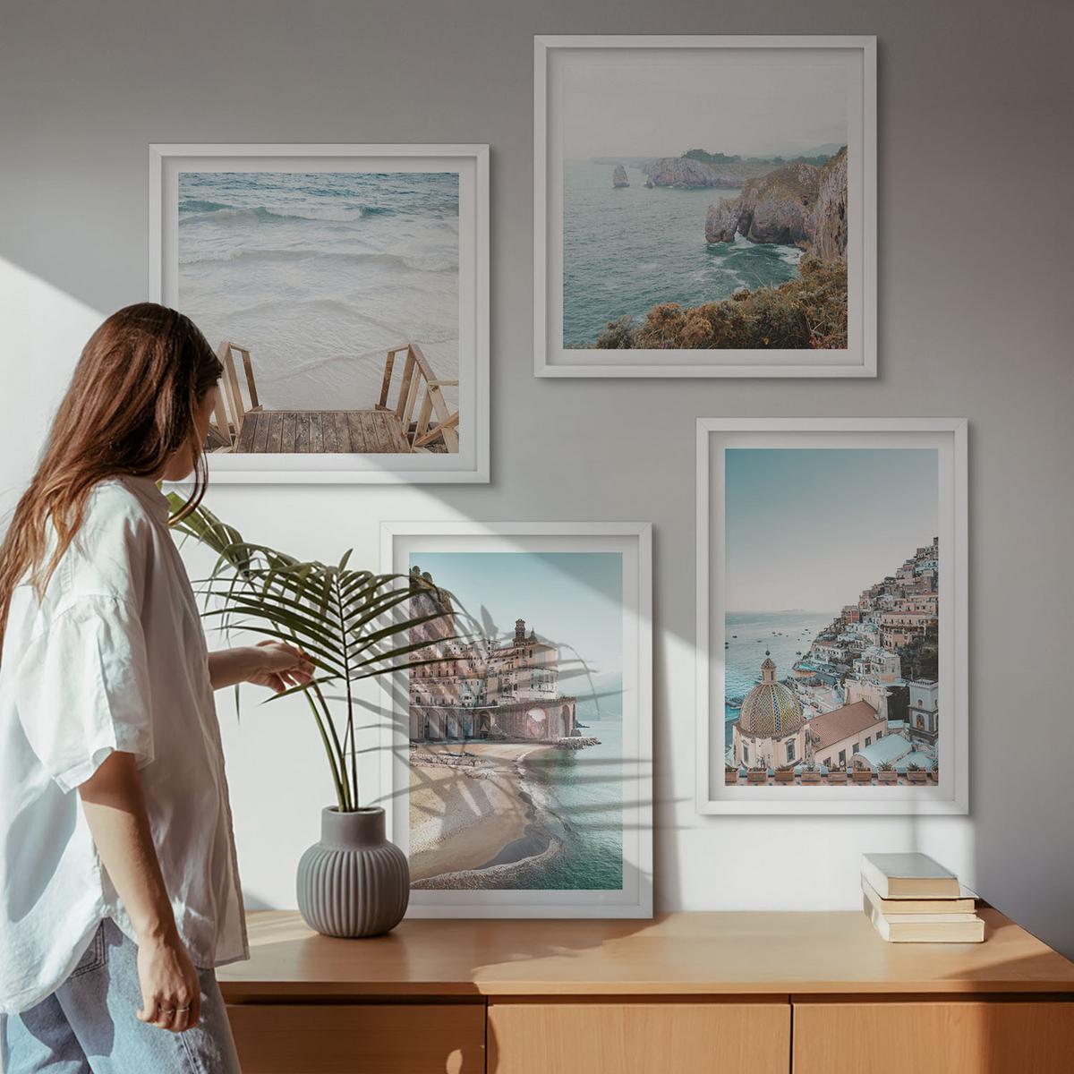 BILDER SET 4er Set - 50x50 cm & 40x60 cm Weißer Rahmen - Sommerliche Strandansichten in Pastellfarben - Weiß, Kunststoff (50/50cm) - TULUP