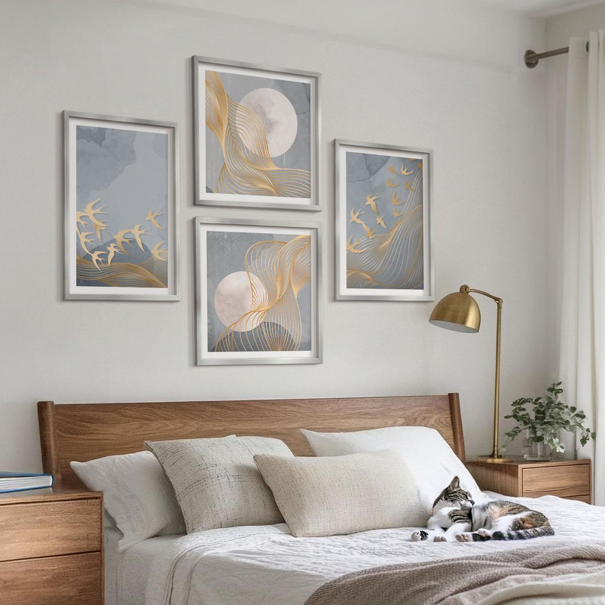 BILDER SET 4er Set - 50x50 cm & 40x60 cm Silberner Rahmen - Vögel im Flug, Himmel, Mond - Silberfarben, Kunststoff (50/50cm) - TULUP