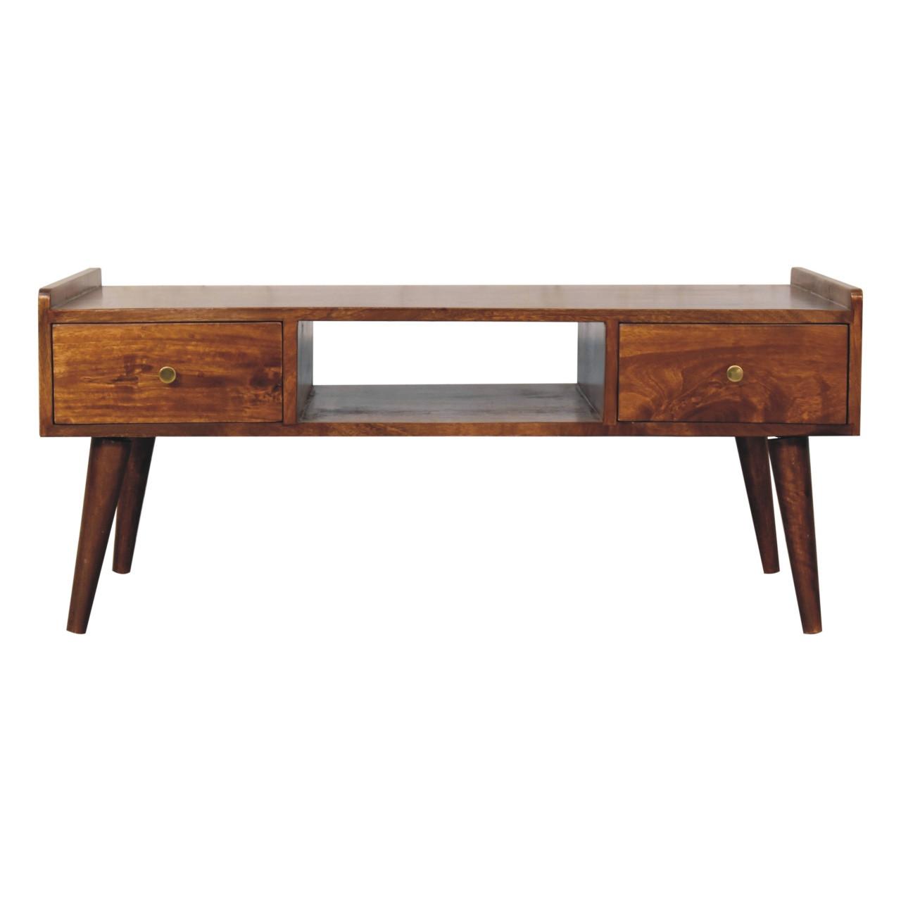 TV-EINHEIT Massivholz Erhöhtes Kastanienbraun, 2 Schubladen und Offenes Fach, Dunkelbraun - Dunkelbraun/Messingfarben, Mangoholz/Holz (100/43/50cm) - Artisan Furniture