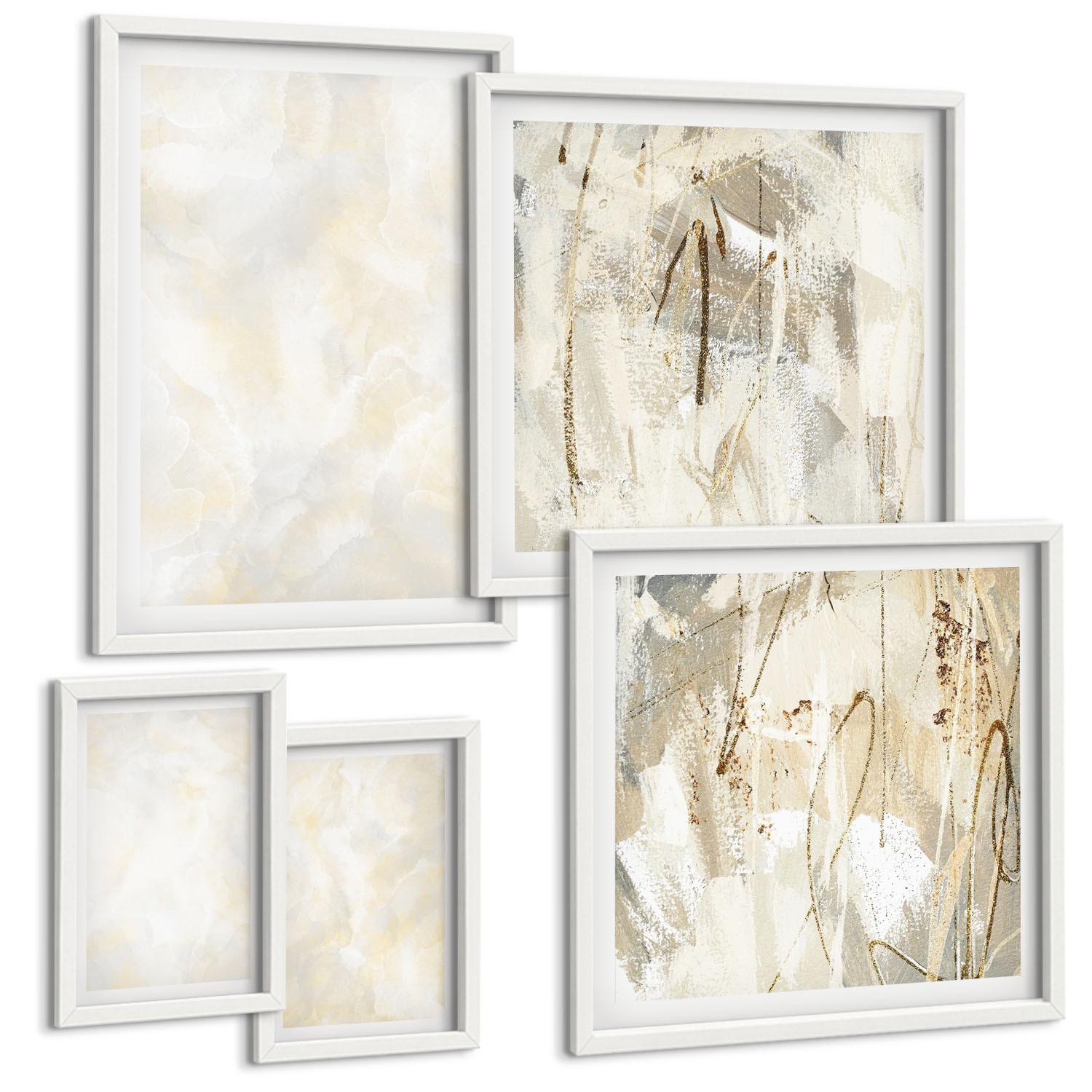 BILDER SET 5er Set - 50x50 cm & 20x30 cm & 40x60 cm Weißer Rahmen - Helles Strukturfarbendesign - Weiß, Kunststoff (40/60cm) - TULUP