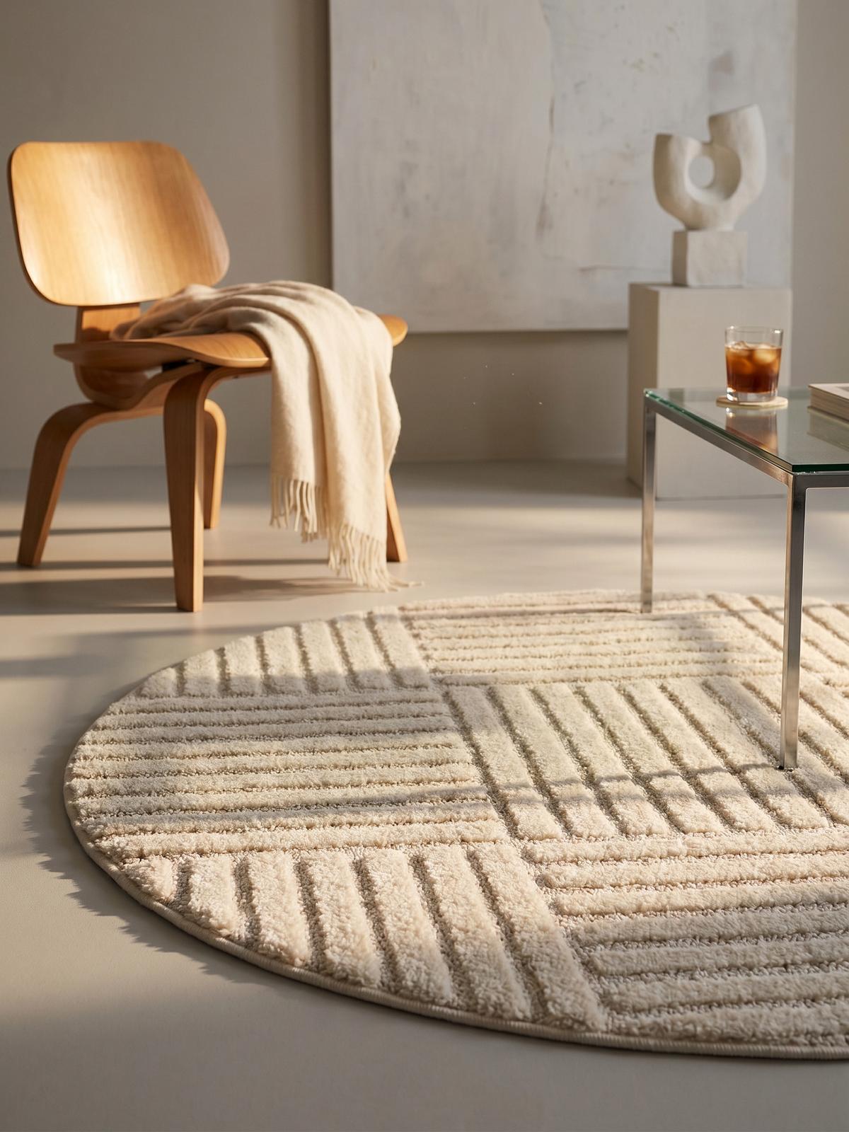 TEPPICH Hochflor RIGI in Creme, mit Cord-Streifen-Patchwork, Ø 200 cm - Beige, Textil (200/200cm) - KADIMA DESIGN