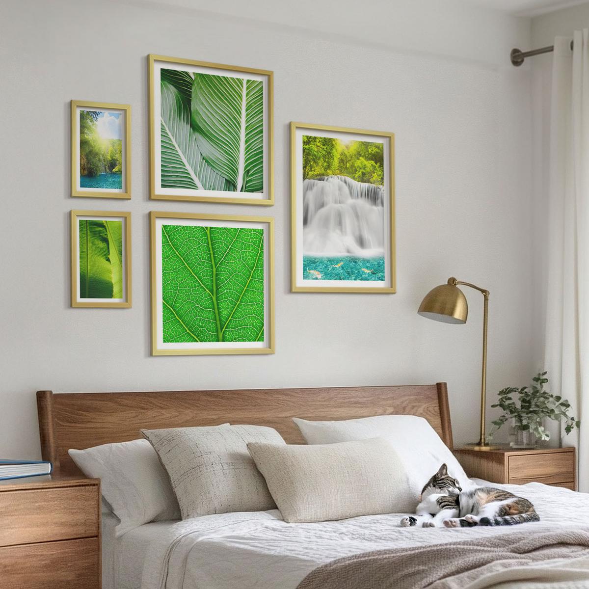 BILDER SET 5er Set - 50x50 cm & 20x30 cm & 40x60 cm Goldrahmen - Nahaufnahme von tropischen Blättern - Goldfarben, Kunststoff (40/60cm) - TULUP
