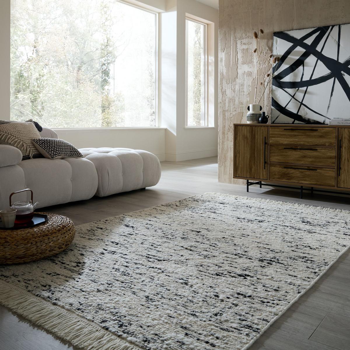 TEPPICH aus Wolle handgewebt mit Fransen TIREE in Schwarz, gestreift, 200 x 300 cm - Schwarz, Textil (300/200cm) - KADIMA DESIGN