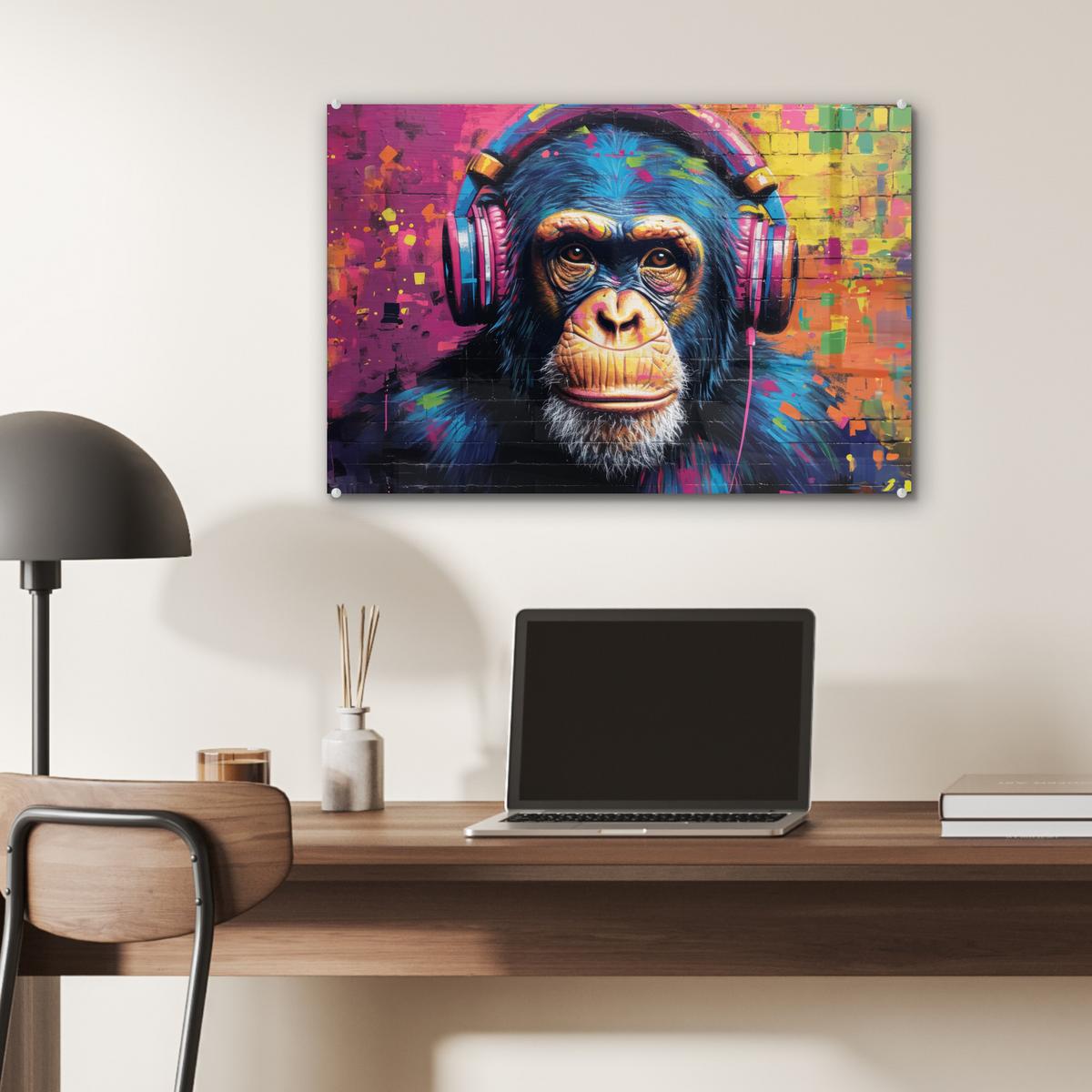 ACRYLGLASBILD Graffiti - Schimpanse - Straßenkunst - Kopfhörer - Affe Wanddeko 60x40 cm - Blau, Glas (60/40cm) - MuchoWow