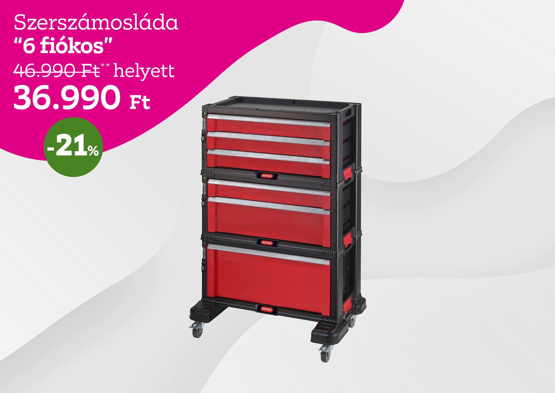 Szerszámosláda 6 fiókos 46.990 Forint helyett 36.990 Forint kedvezmény mértéke 21%