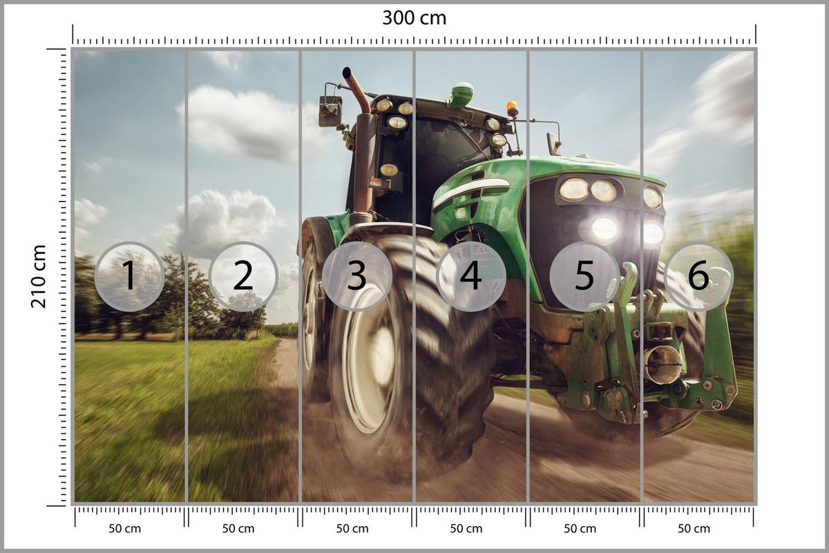 FOTOTAPETE Fahrender Traktor Bäume Vegetation Landwirtschaft 300x210 - Schwarz/Weiß, Papier (300/210cm) - Muralo