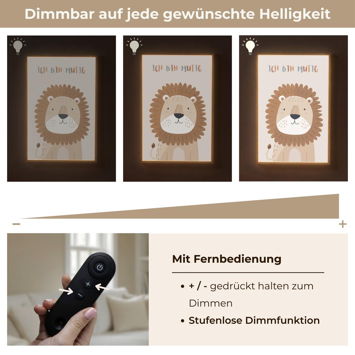 NACHTTISCHLAMPE MIT AKKU Löwe - Beige - Tier - Mutig - Zitat 60x90 cm - Beige, Holzwerkstoff (8/60/90cm) - OnlyWow
