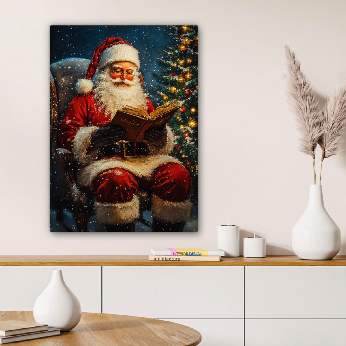 LEINWANDBILD Weihnachtsmann - Weihnachten - Winter - Weihnachtsbaum Wandbild Wohnzimmer 60x80 cm - Bordeaux, Textil (60/80cm) - MuchoWow