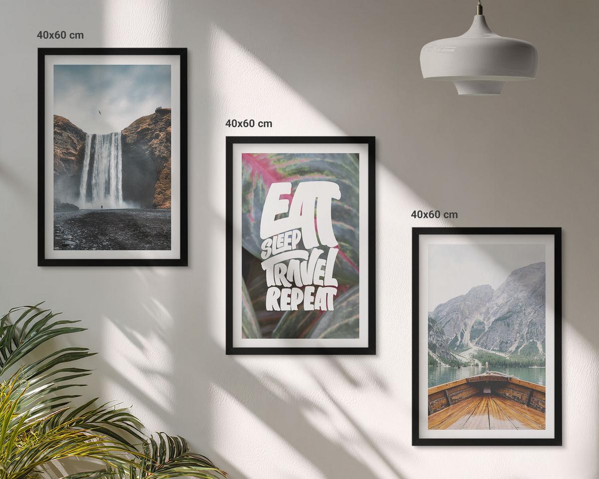 BILDER SET 3er Set - 40x60 cm Schwarzer Rahmen - Wasserfall Berge Natur Boot - Schwarz, Kunststoff (40/60cm) - TULUP