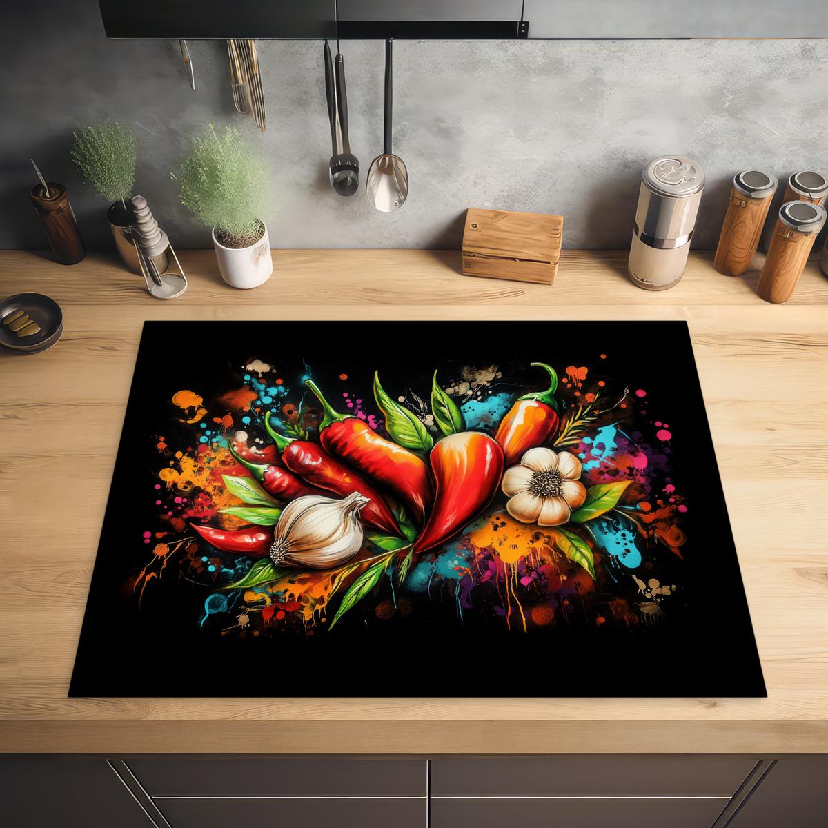 HERDABDECKPLATTE Gemüse - Paprika - Knoblauch - Graffiti - Farbe - Bunt Induktionsmatte 77x59 cm - Rot, Kunststoff (77/59/0.2cm) - MuchoWow