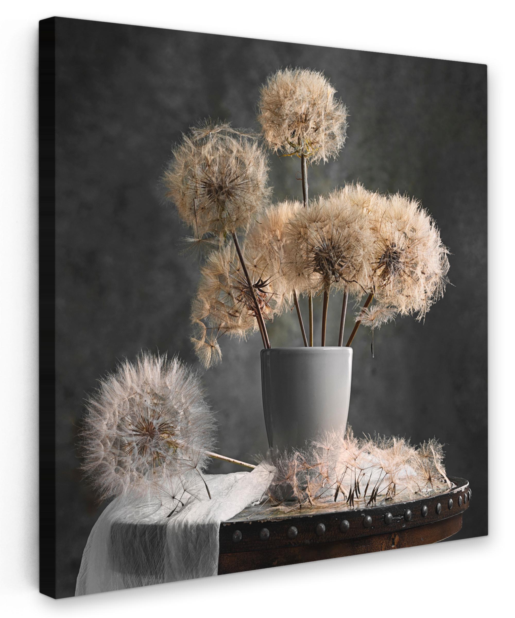 LEINWANDBILD Blumensamen - Löwenzahn - Vase - Stilleben - Blumenstrauß Deko Wohnzimmer 20x20 cm - Dunkelgrau, Textil (20/20cm) - MuchoWow