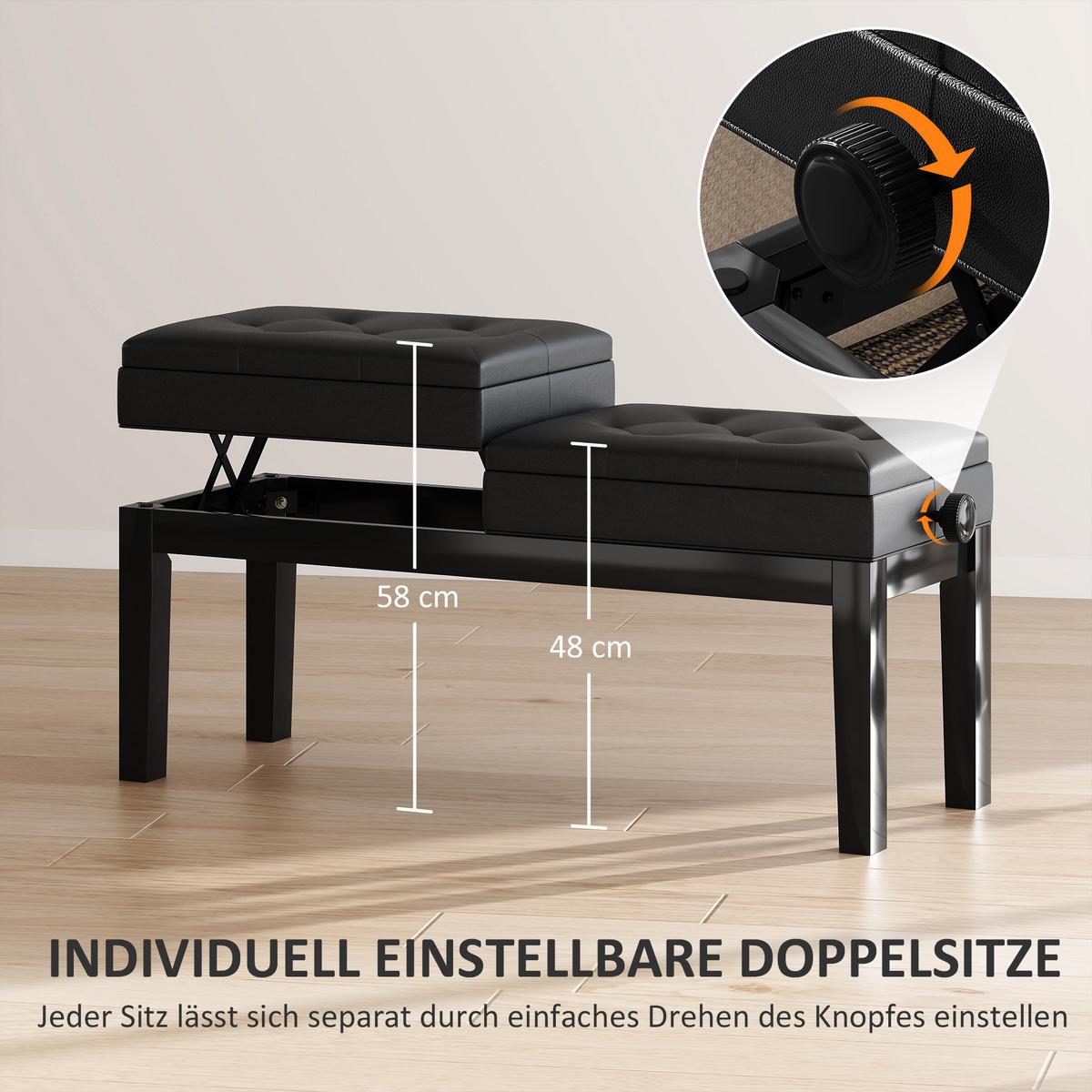 KLAVIERBANK mit Stauraum Pianobank Kunstleder, Schwarz - Schwarz, Kunststoff (37/58/105cm) - HOMCOM