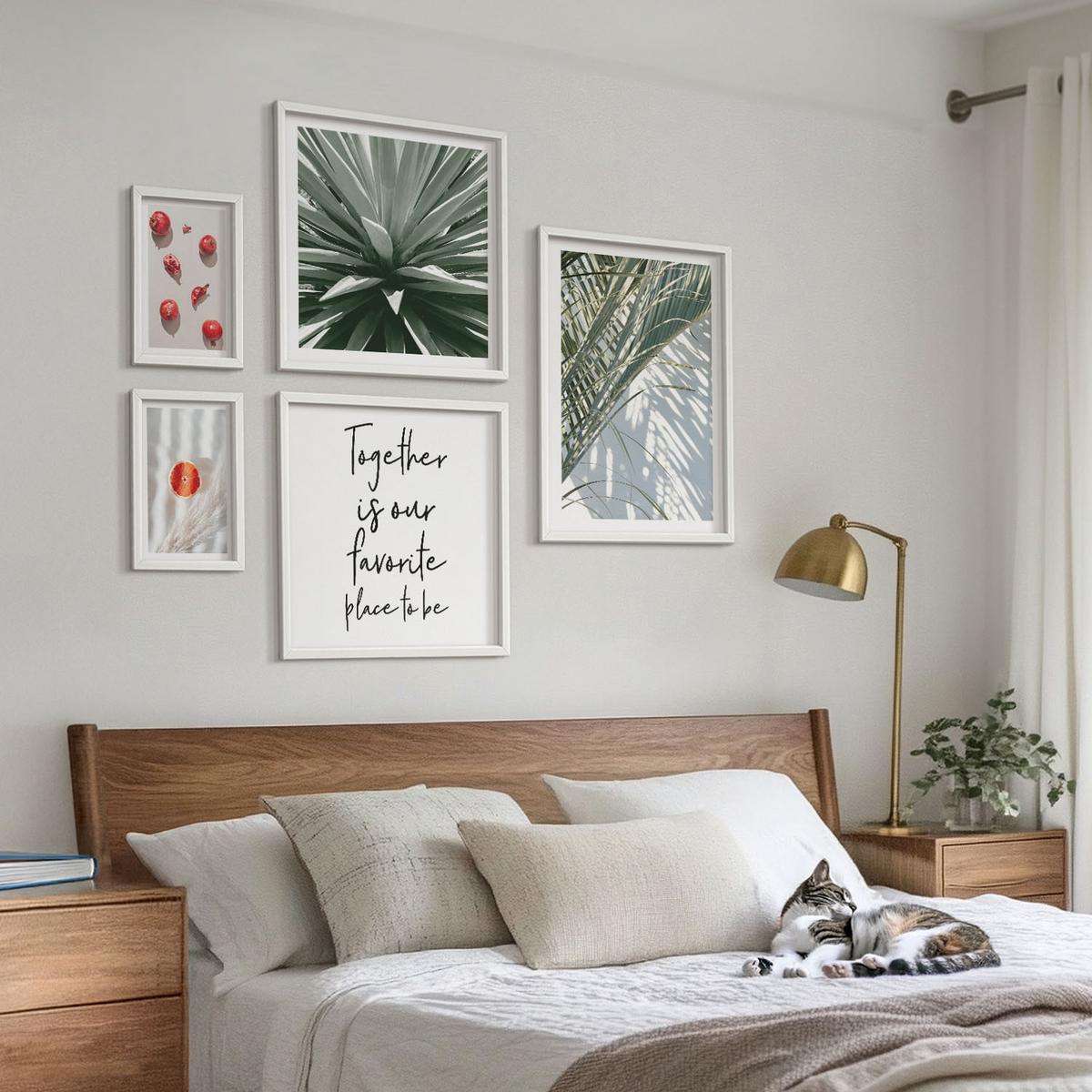 BILDER SET 5er Set - 50x50 cm & 20x30 cm & 40x60 cm Weißer Rahmen - Feiertags-Palmenfrucht-Inschrift - Weiß, Kunststoff (40/60cm) - TULUP