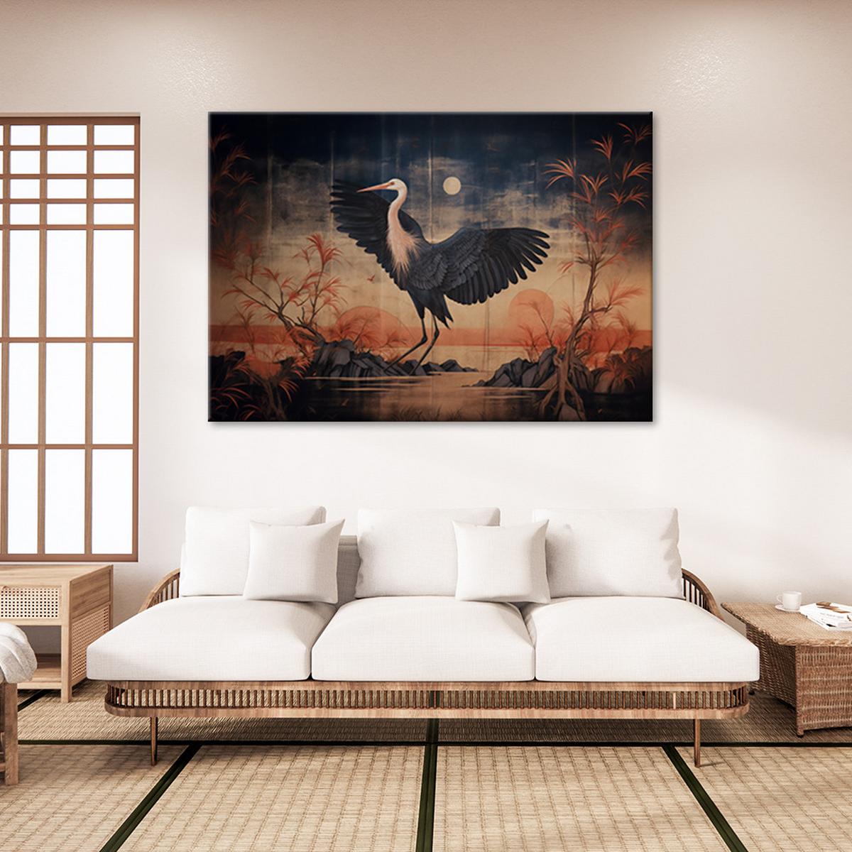 WANDBILD kranich natur orientalisch - Blau, Textil (60/40cm) - Feeby