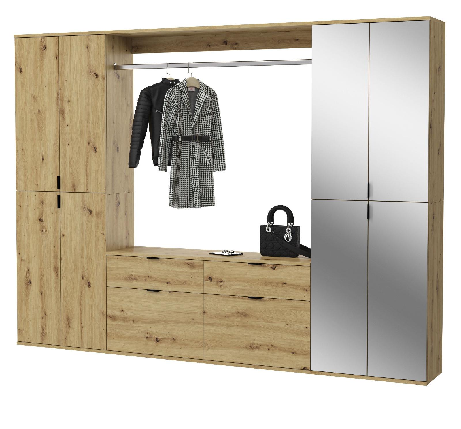 GARDEROBEN-SET Eiche 243 cm, Komplettset mit Spiegel - Schwarz/Eiche Artisan, Glas/Holzwerkstoff (243/193/34cm) - Inn.Furn