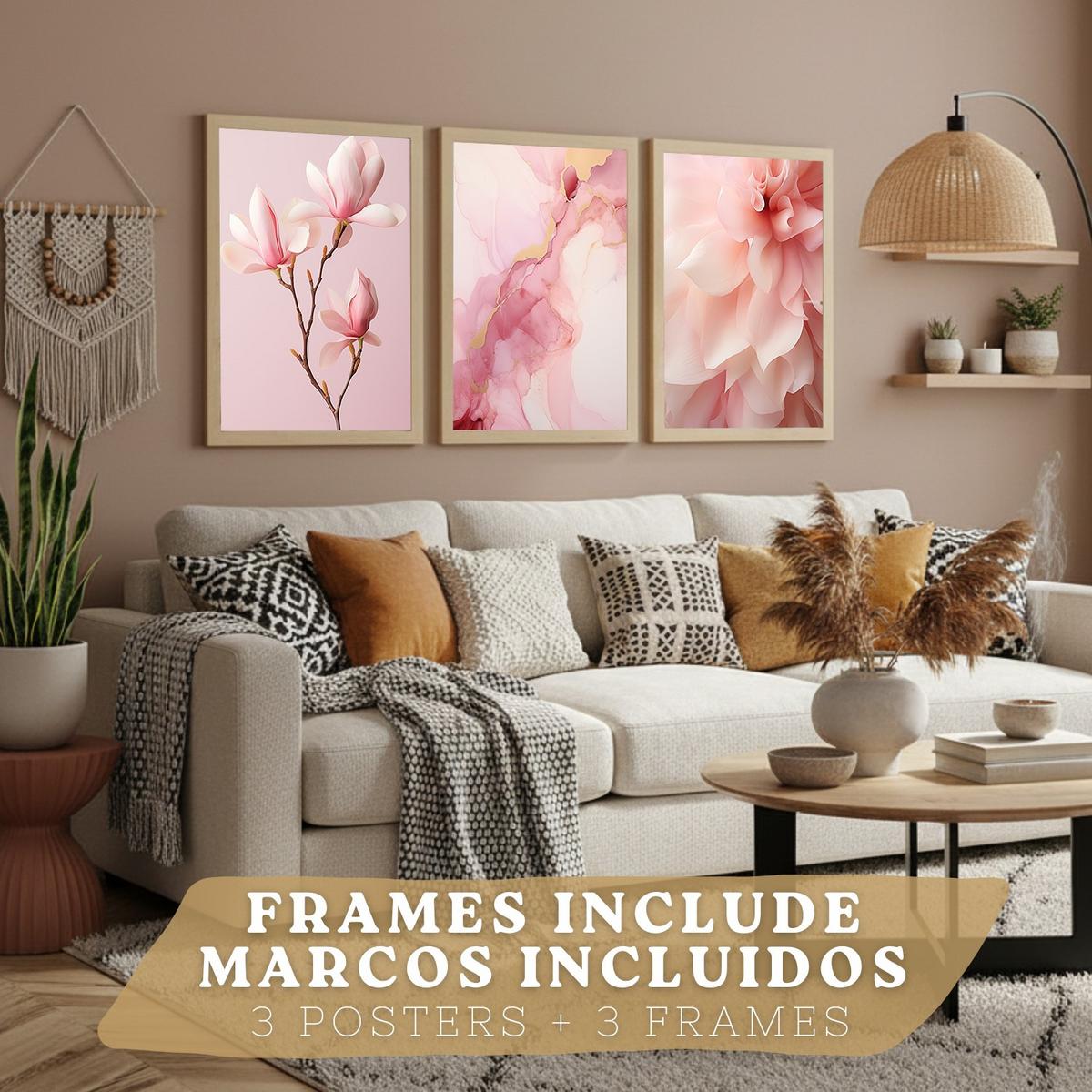 POSTER 3er-Set Wandbilder Orchidee Marmor modern Wohnzimmer Deko, Schlafzimmer, Küche, Badezimmer Leichter Holzrahmen A3 - Beige, Papier (29.7/1/42cm) - Nacnic
