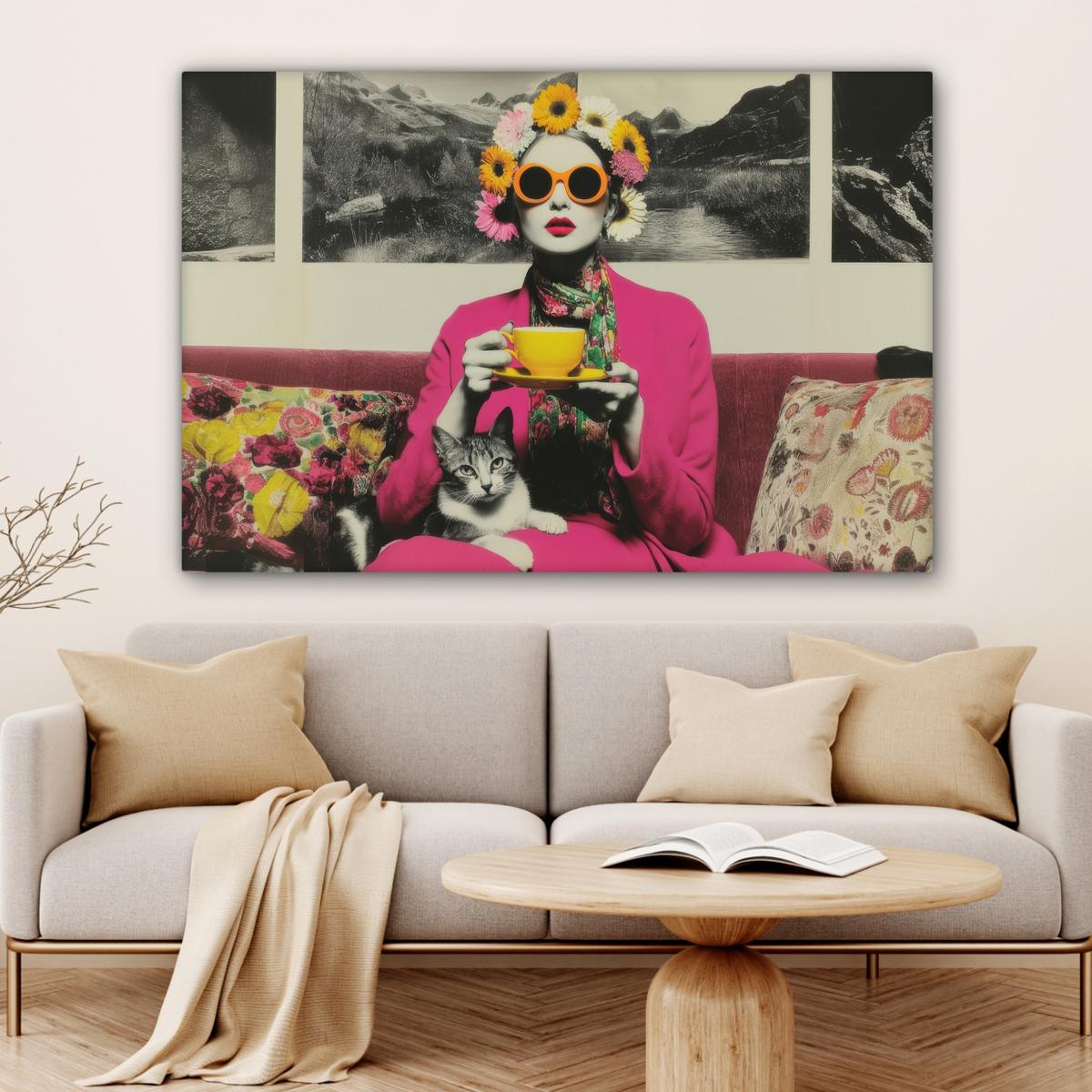 LEINWANDBILD Frau - Katze - Blumen - Tasse - Retro Groß 140x90 cm - Magenta, Textil (140/90cm) - MuchoWow