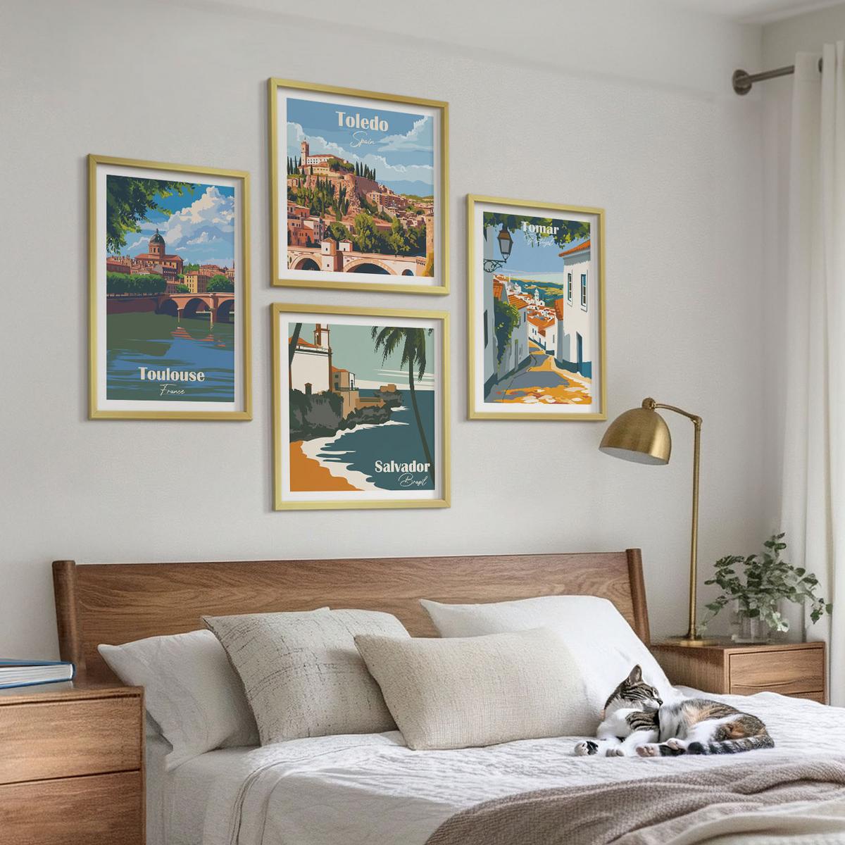 BILDER SET 4er Set - 50x50 cm & 40x60 cm Goldrahmen - Retro-Stadtgrafiken - Goldfarben, Kunststoff (50/50cm) - TULUP