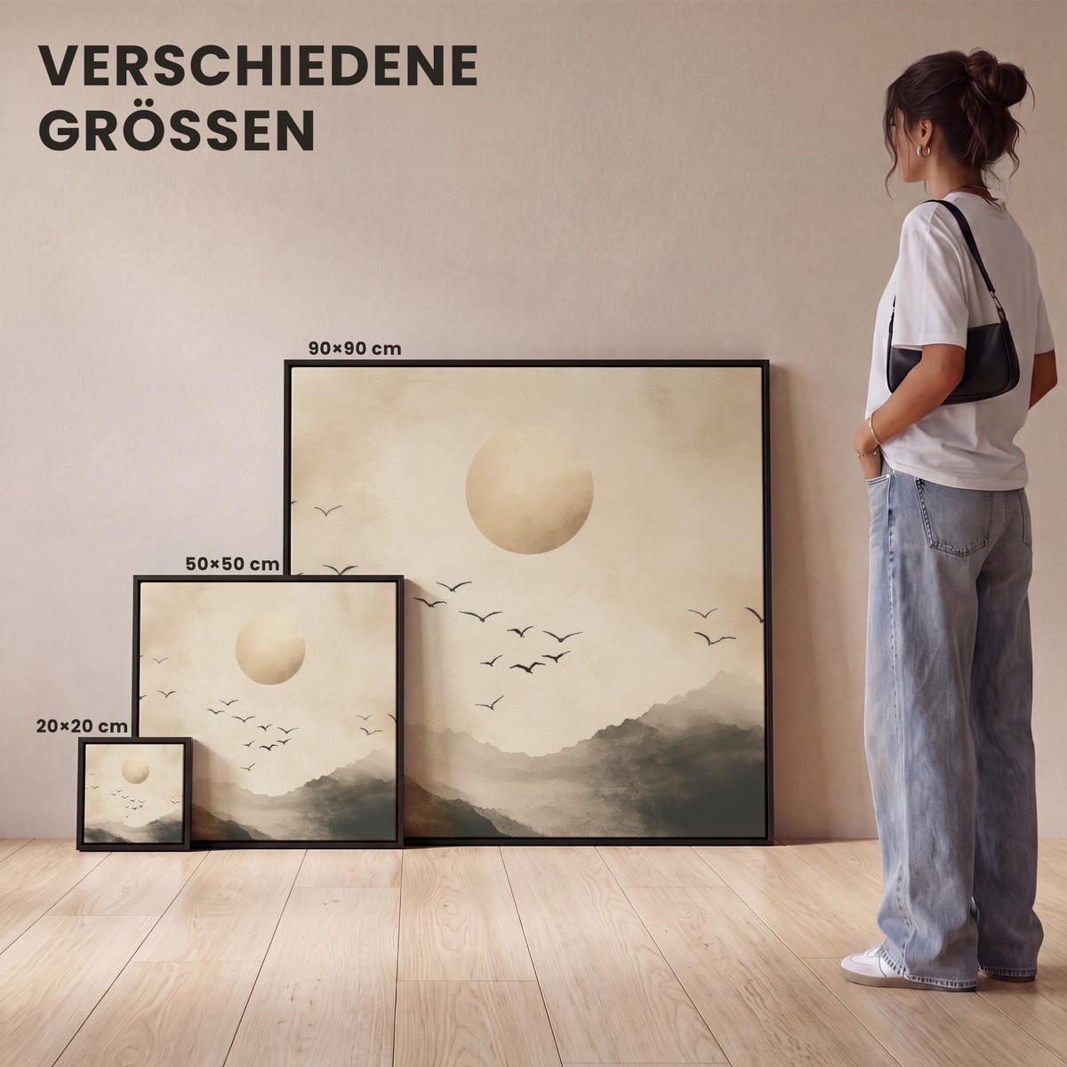LEINWAND Bilder mit Rahmen - Landschaft - Japandi - Vogel - 20x20 - Beige, Textil (20/20cm) - MuchoWow