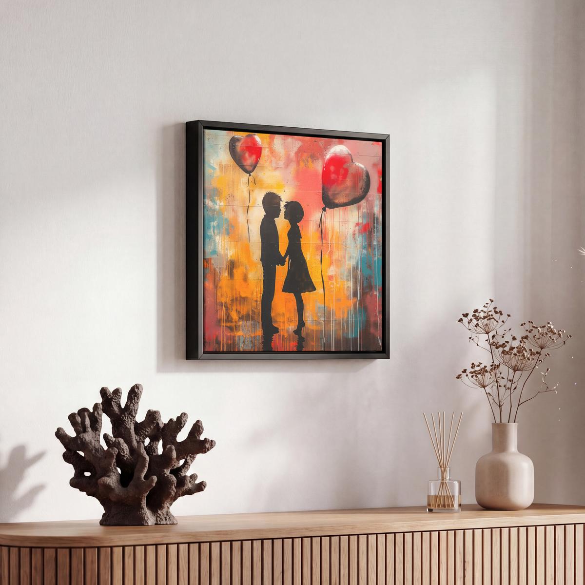 LEINWAND Bilder mit Rahmen - Straßenkunst - Liebe - Graffiti - Kunst - Banksy - 20x20 - Orange, Textil (20/20cm) - MuchoWow