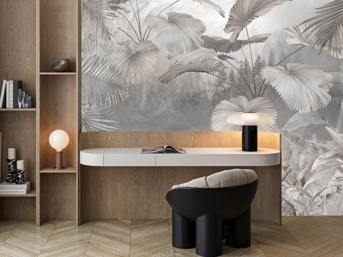 FOTOTAPETE für Wohnzimmer Tropische Blätter Dschungel Palmen Grau 250x175 - Beige/Grau, Papier (250/175cm) - Muralo