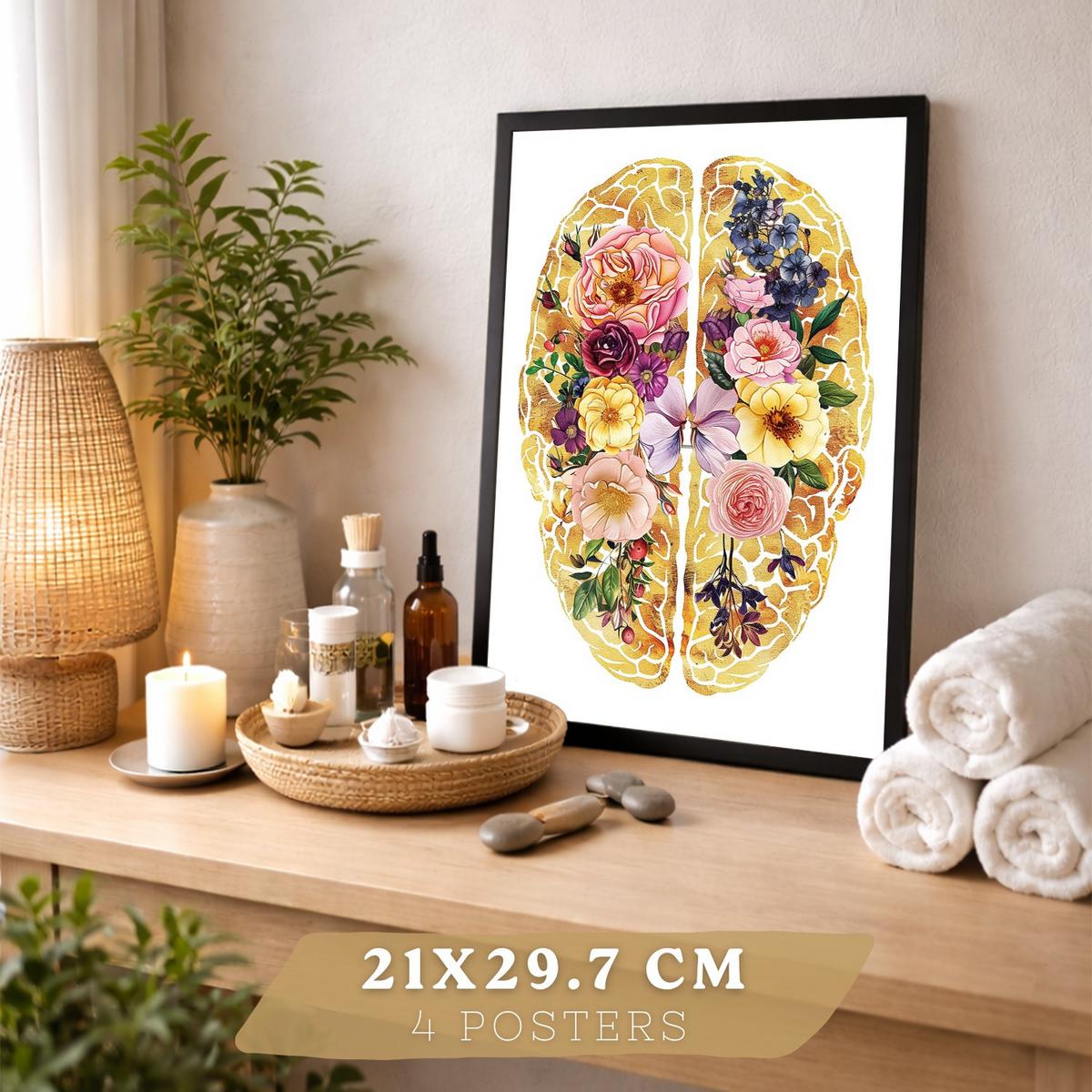 POSTER Set aus 4 Anatomie Mensch Drucke und mit Herz Gehirn Schädel Lungen Luftröhre Bronchien Goldener Floraler Stil Größe Schwarzer Rahmen A4 - Schwarz, Papier (21/29.7/3cm) - Nacnic