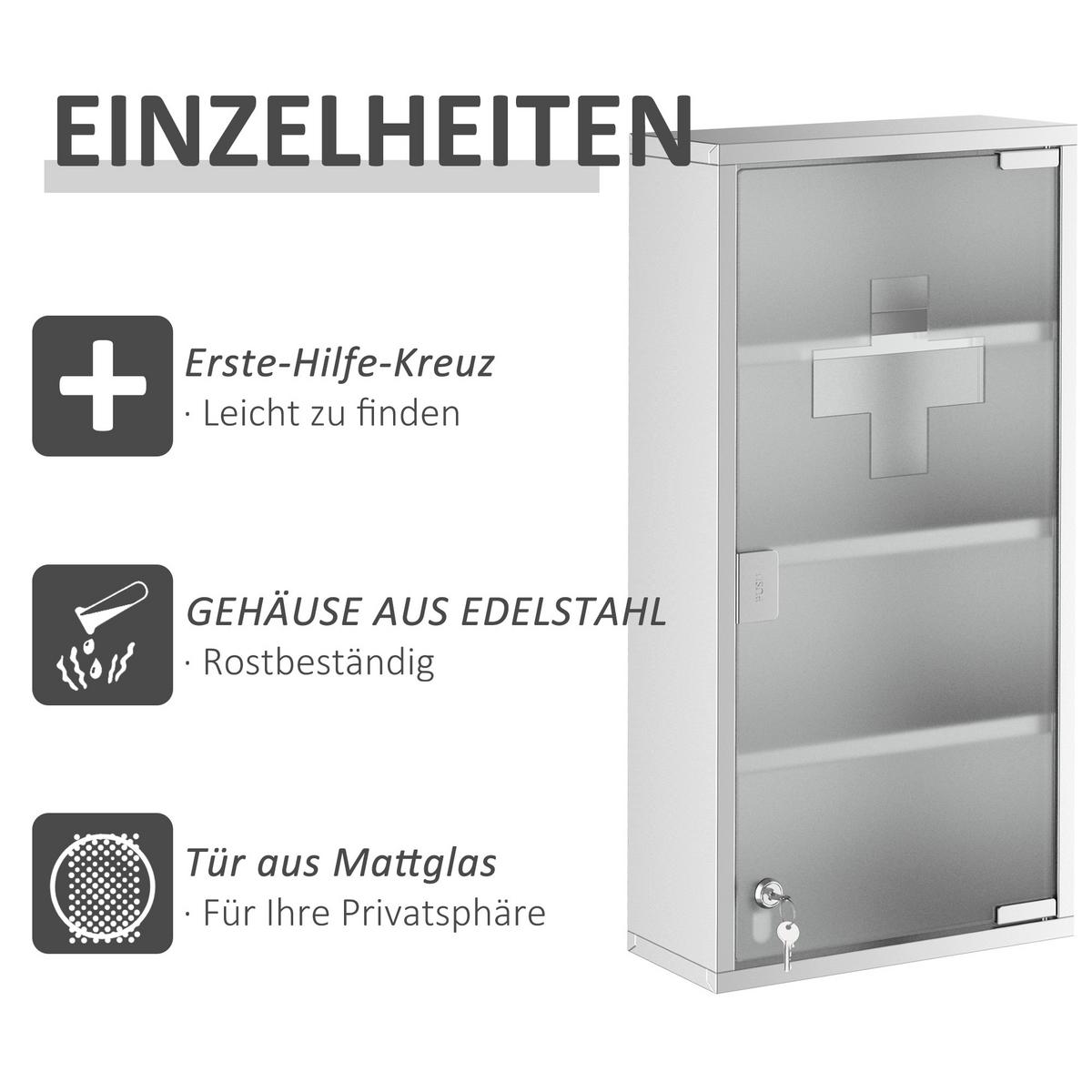 MEDIZINSCHRANK Arzneischrank Erste Hilfe mit Schloss Edelstahl 30 x 12 x 60 cm - Silberfarben, Glas (12/60/30cm) - HOMCOM